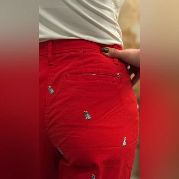 NEW $99 TALBOTS Relaxed Chinos Red Twill - Frenchie Dog,Critter Emb Pants Sz 8 - Picture 6 of 11